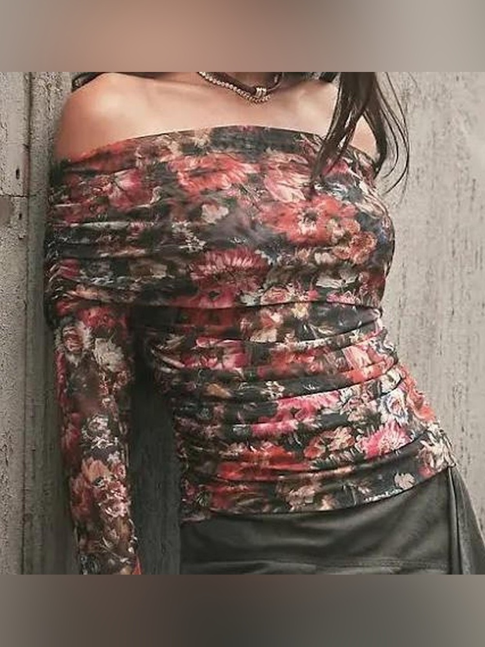 Anthropologie Off-Shoulder Floral Mesh Top in Black and Pink